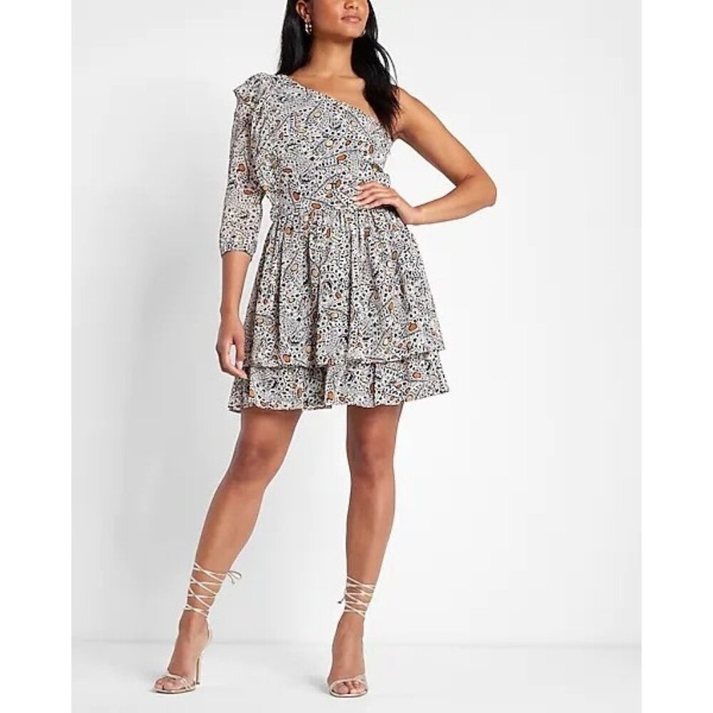 Express X Rachel Zoe One-Shoulder Monarch Butterfly‎ Print Ruffle Dress Women XL
